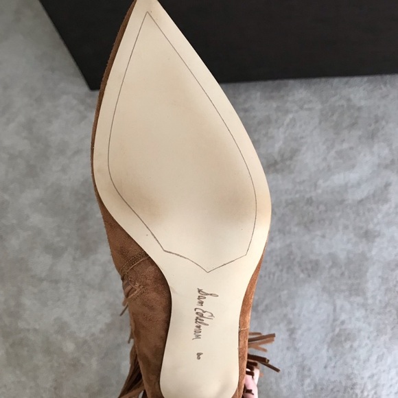 Sam Edelman Belinda Suede Fringe Pointed Toe Stiletto Boots Tan Size 8 - Picture 2 of 2